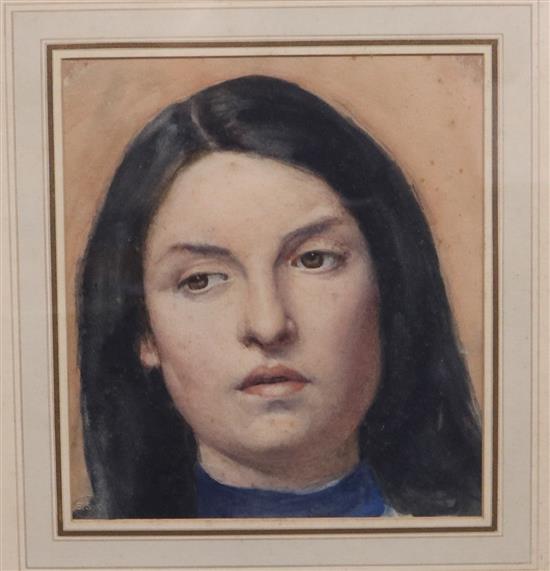 F. Brown (1851-) watercolour, Head of a woman, label verso, 24 x 21cm.